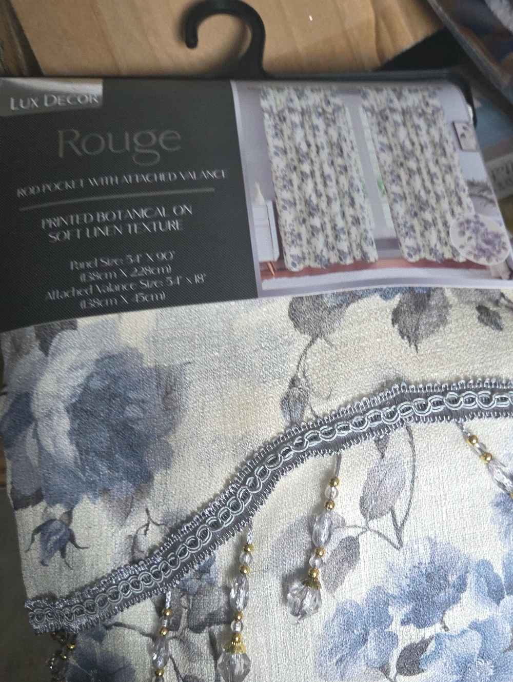 Rouge! Blue Floral Printed Linen-Texture Curtains with Beaded Trim